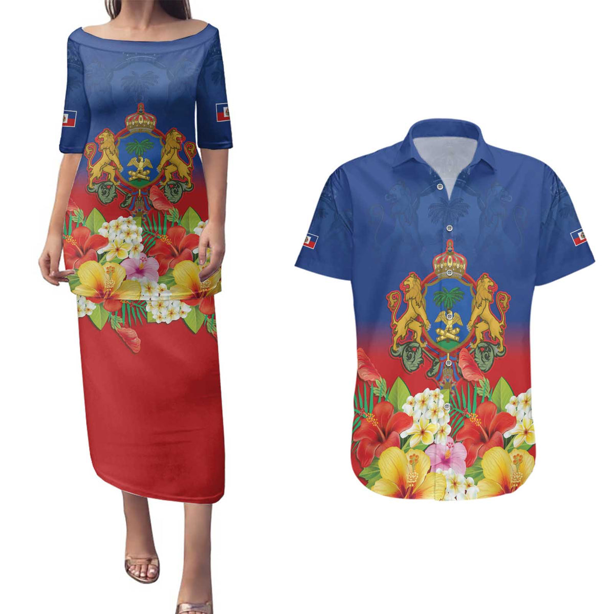 Second Empire of Haiti 1849-1859 Personalized Couples Matching Puletasi and Hawaiian Shirt Tropical Hibiscus Flowers