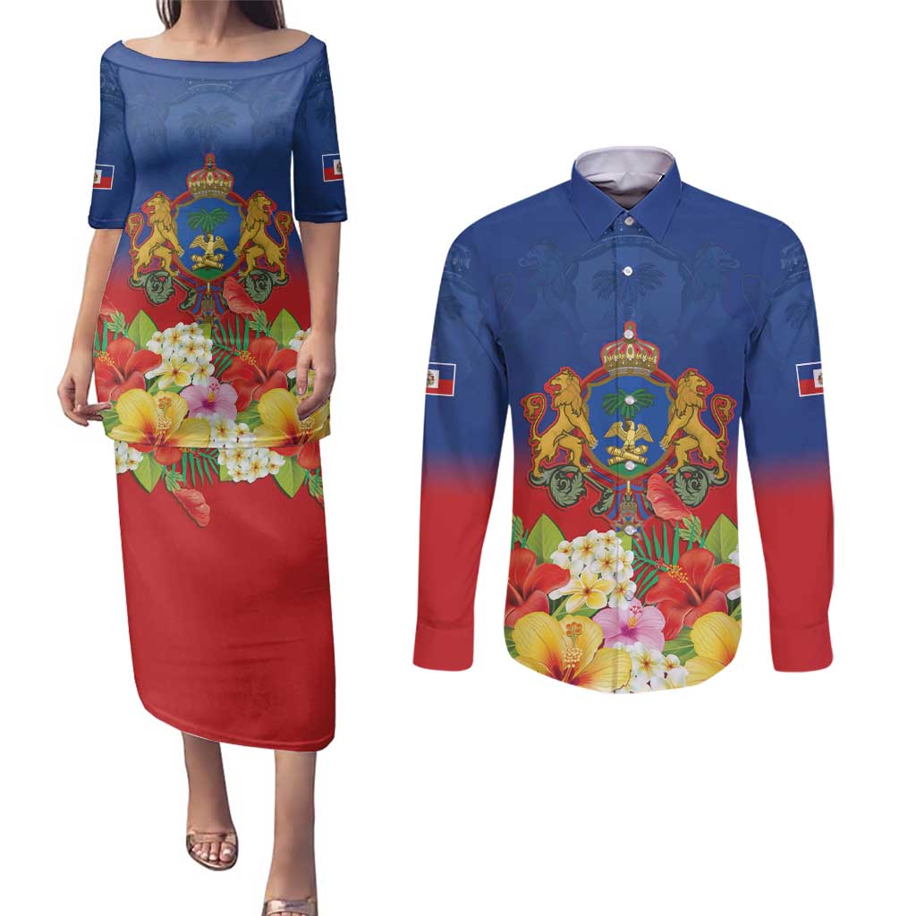 Second Empire of Haiti 1849-1859 Personalized Couples Matching Puletasi and Long Sleeve Button Shirt Tropical Hibiscus Flowers