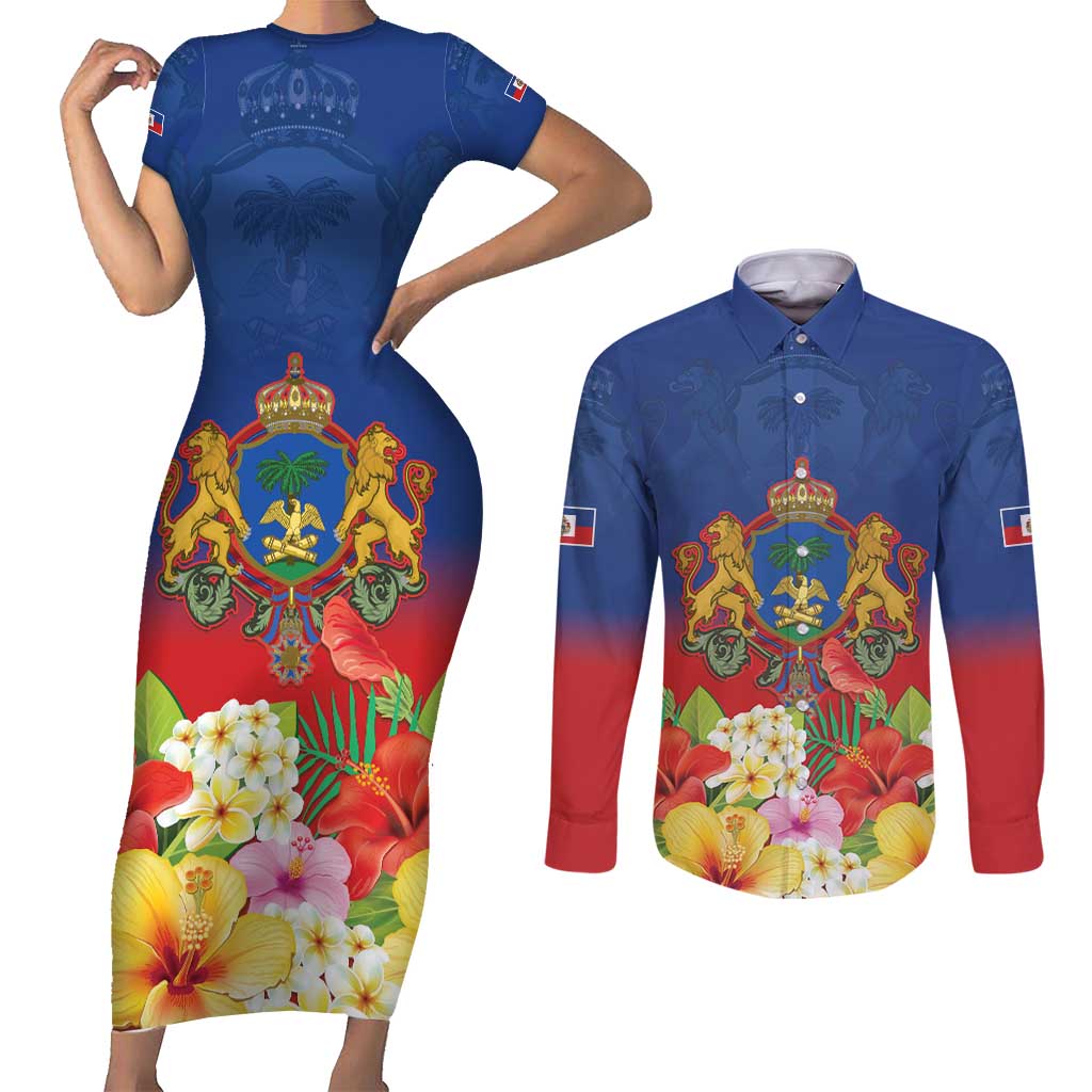Second Empire of Haiti 1849-1859 Personalized Couples Matching Short Sleeve Bodycon Dress and Long Sleeve Button Shirt Tropical Hibiscus Flowers