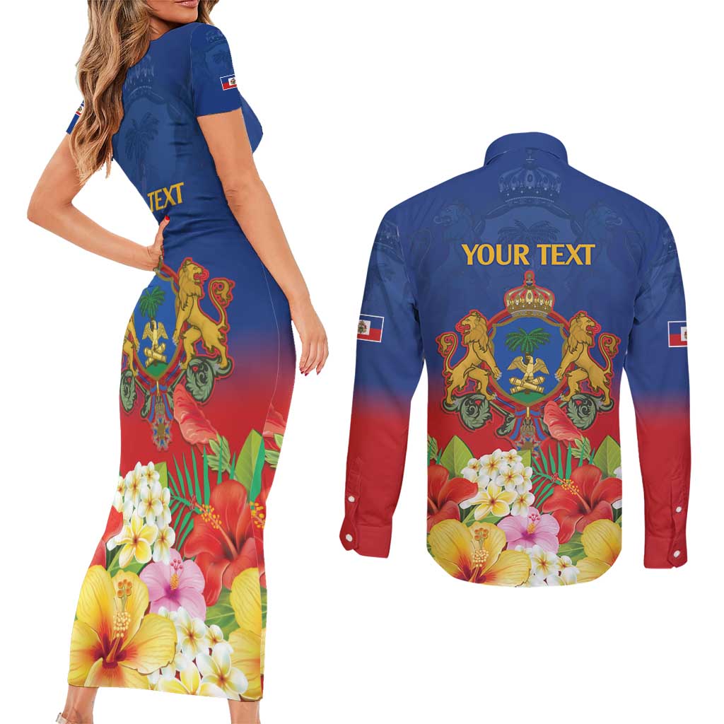 Second Empire of Haiti 1849-1859 Personalized Couples Matching Short Sleeve Bodycon Dress and Long Sleeve Button Shirt Tropical Hibiscus Flowers