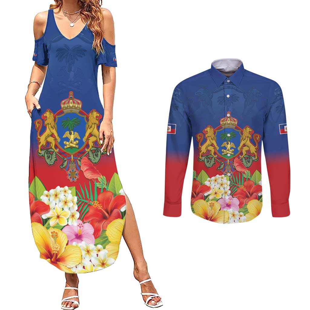 Second Empire of Haiti 1849-1859 Personalized Couples Matching Summer Maxi Dress and Long Sleeve Button Shirt Tropical Hibiscus Flowers