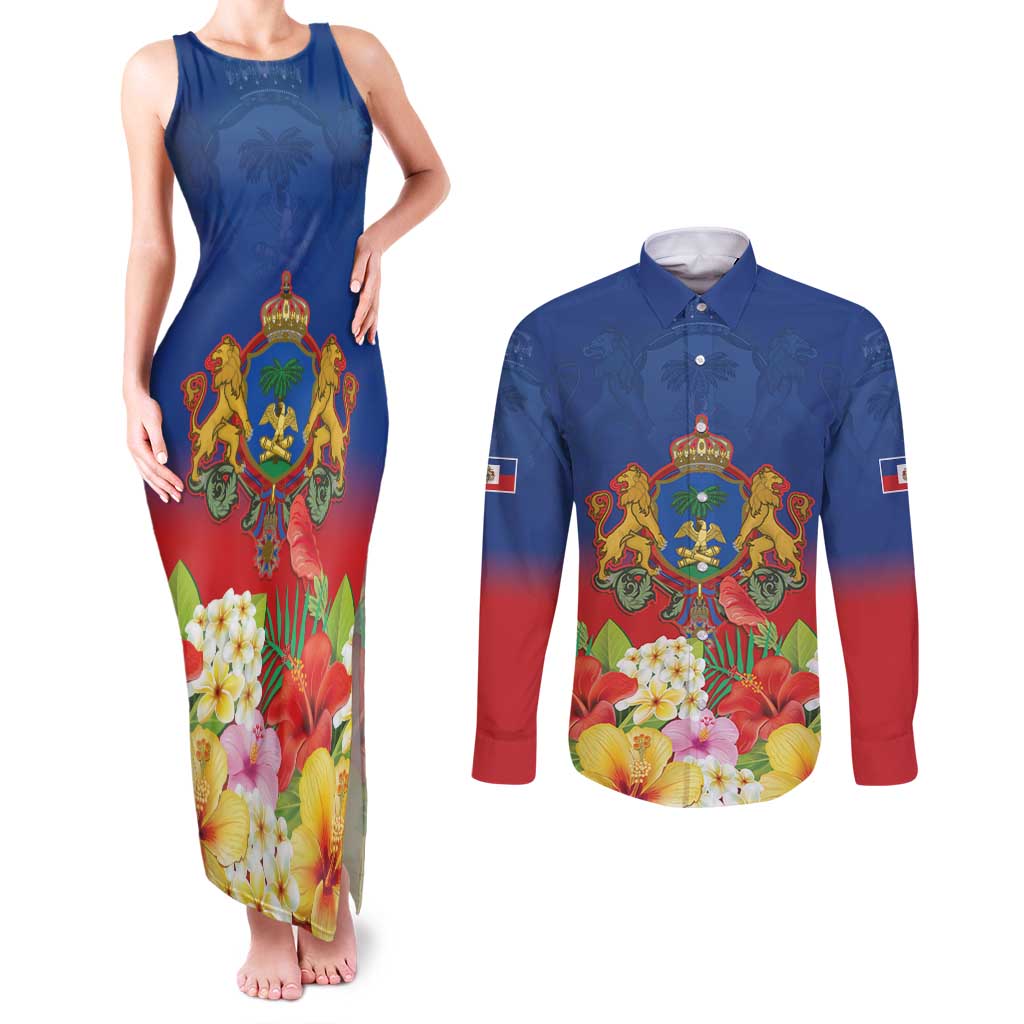 Second Empire of Haiti 1849-1859 Personalized Couples Matching Tank Maxi Dress and Long Sleeve Button Shirt Tropical Hibiscus Flowers