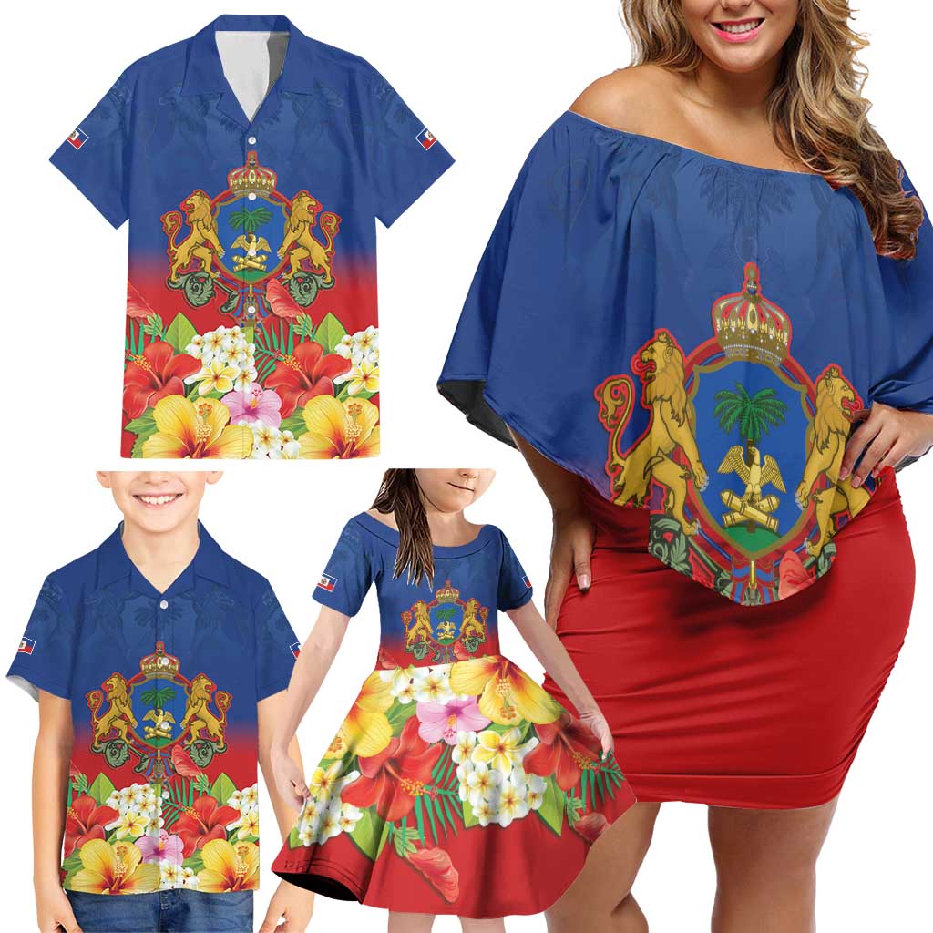Second Empire of Haiti 1849-1859 Personalized Family Matching Off Shoulder Short Dress and Hawaiian Shirt Tropical Hibiscus Flowers