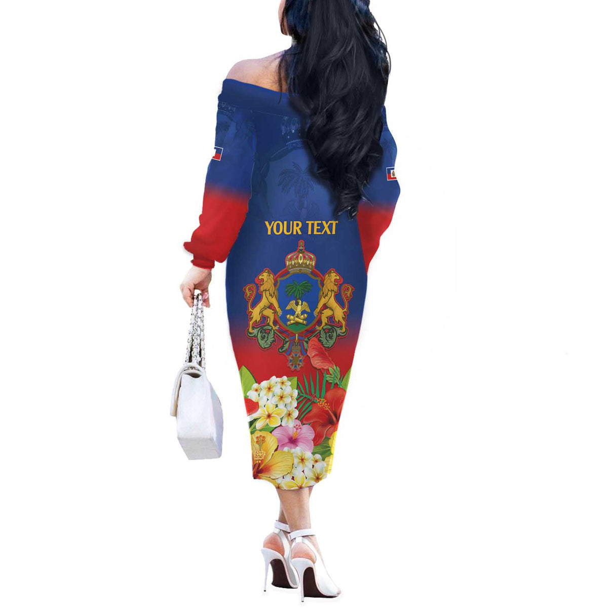Second Empire of Haiti 1849-1859 Personalized Off The Shoulder Long Sleeve Dress Tropical Hibiscus Flowers