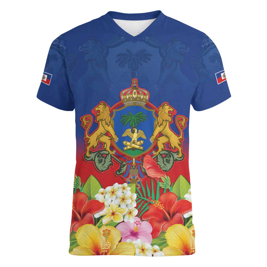 Second Empire of Haiti 1849-1859 Personalized Women V-Neck T-Shirt Tropical Hibiscus Flowers