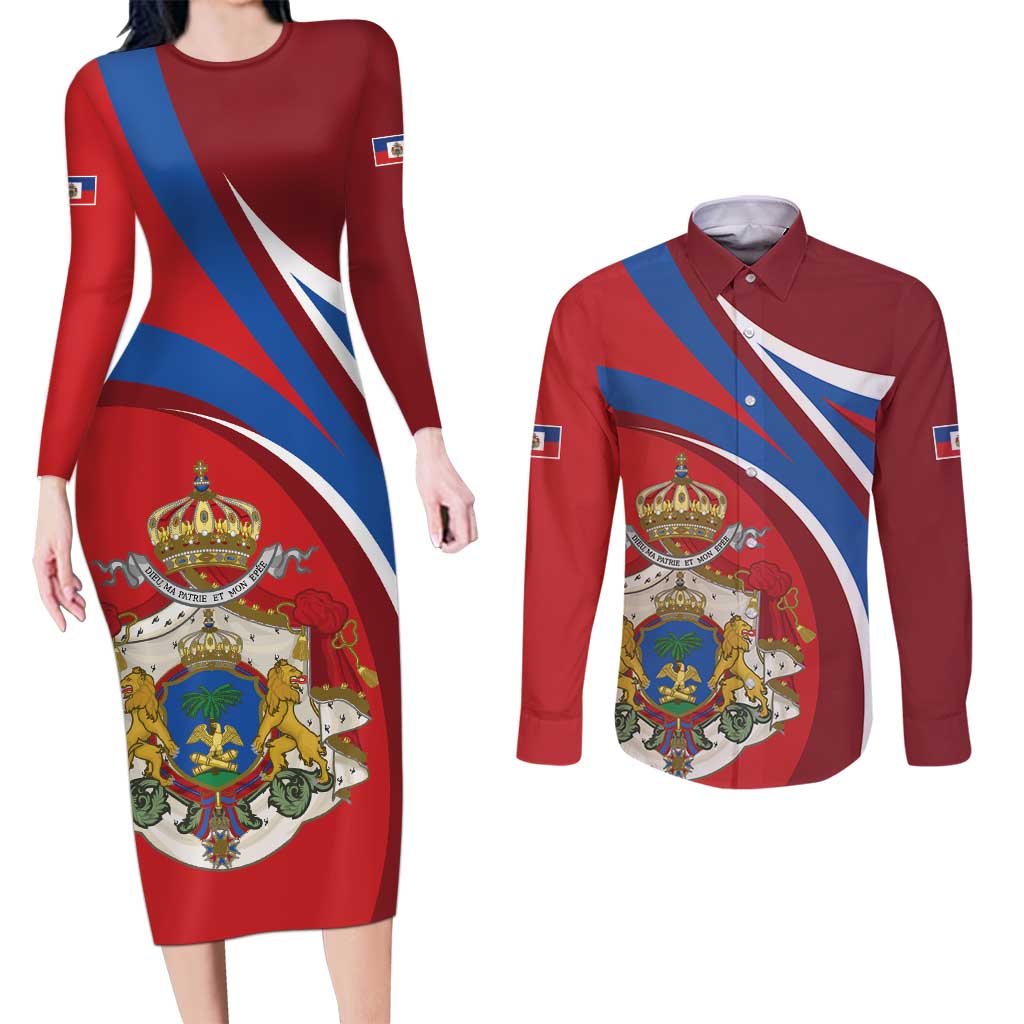 Second Empire of Haiti Personalized Couples Matching Long Sleeve Bodycon Dress and Long Sleeve Button Shirt Imperial Flag of Haiti 1849-1859