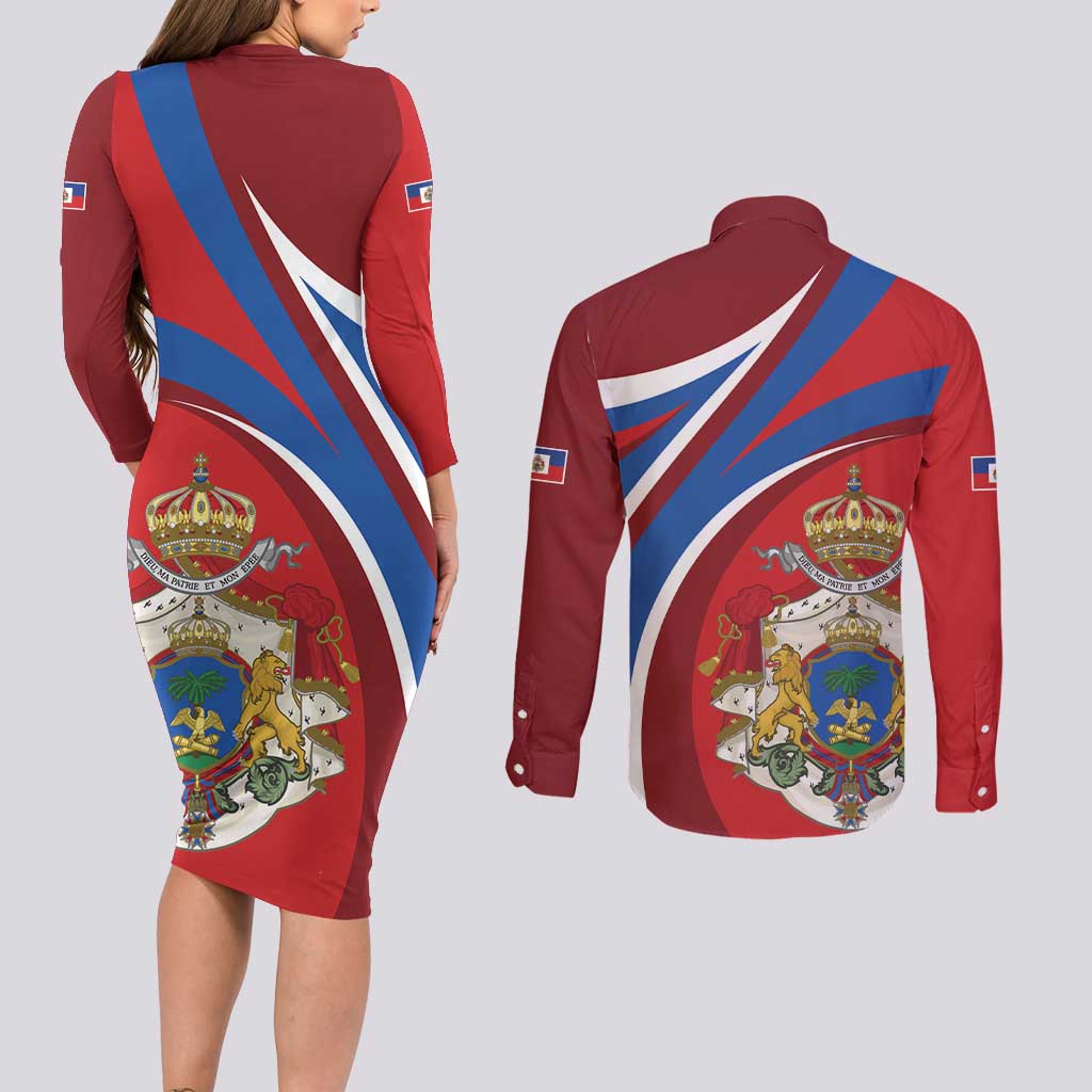 Second Empire of Haiti Personalized Couples Matching Long Sleeve Bodycon Dress and Long Sleeve Button Shirt Imperial Flag of Haiti 1849-1859