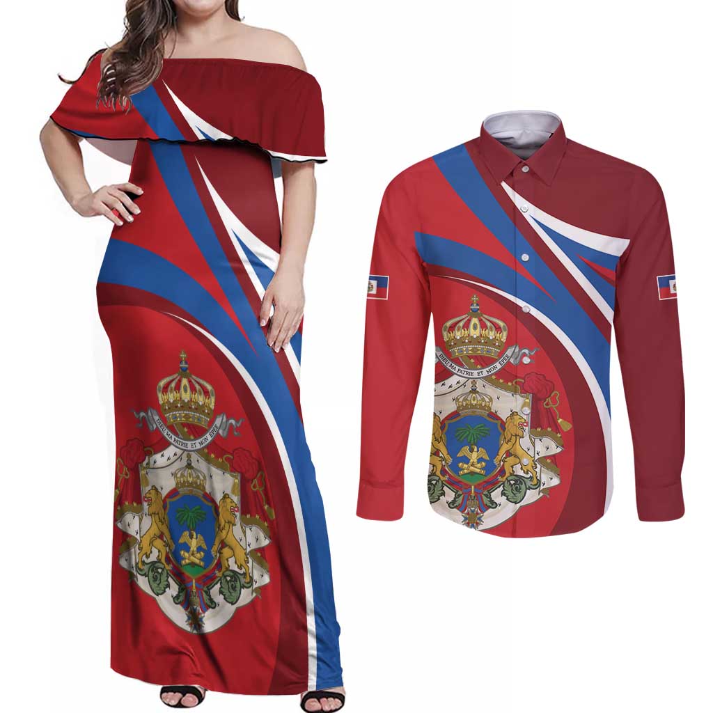 Second Empire of Haiti Personalized Couples Matching Off Shoulder Maxi Dress and Long Sleeve Button Shirt Imperial Flag of Haiti 1849-1859