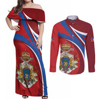 Second Empire of Haiti Personalized Couples Matching Off Shoulder Maxi Dress and Long Sleeve Button Shirt Imperial Flag of Haiti 1849-1859