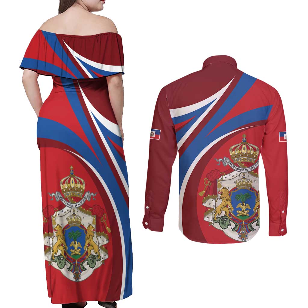 Second Empire of Haiti Personalized Couples Matching Off Shoulder Maxi Dress and Long Sleeve Button Shirt Imperial Flag of Haiti 1849-1859