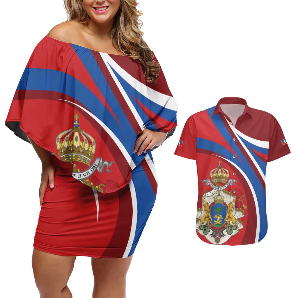 Second Empire of Haiti Personalized Couples Matching Off Shoulder Short Dress and Hawaiian Shirt Imperial Flag of Haiti 1849-1859