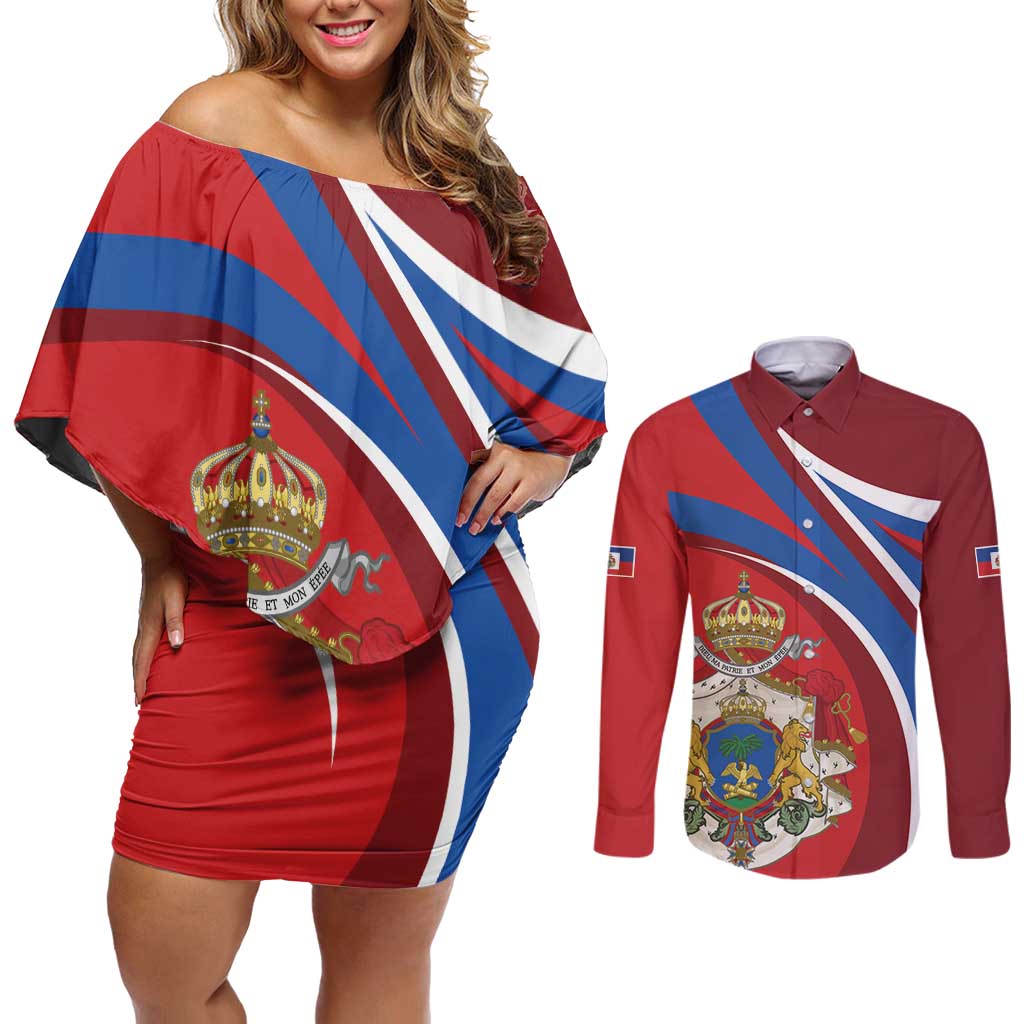 Second Empire of Haiti Personalized Couples Matching Off Shoulder Short Dress and Long Sleeve Button Shirt Imperial Flag of Haiti 1849-1859