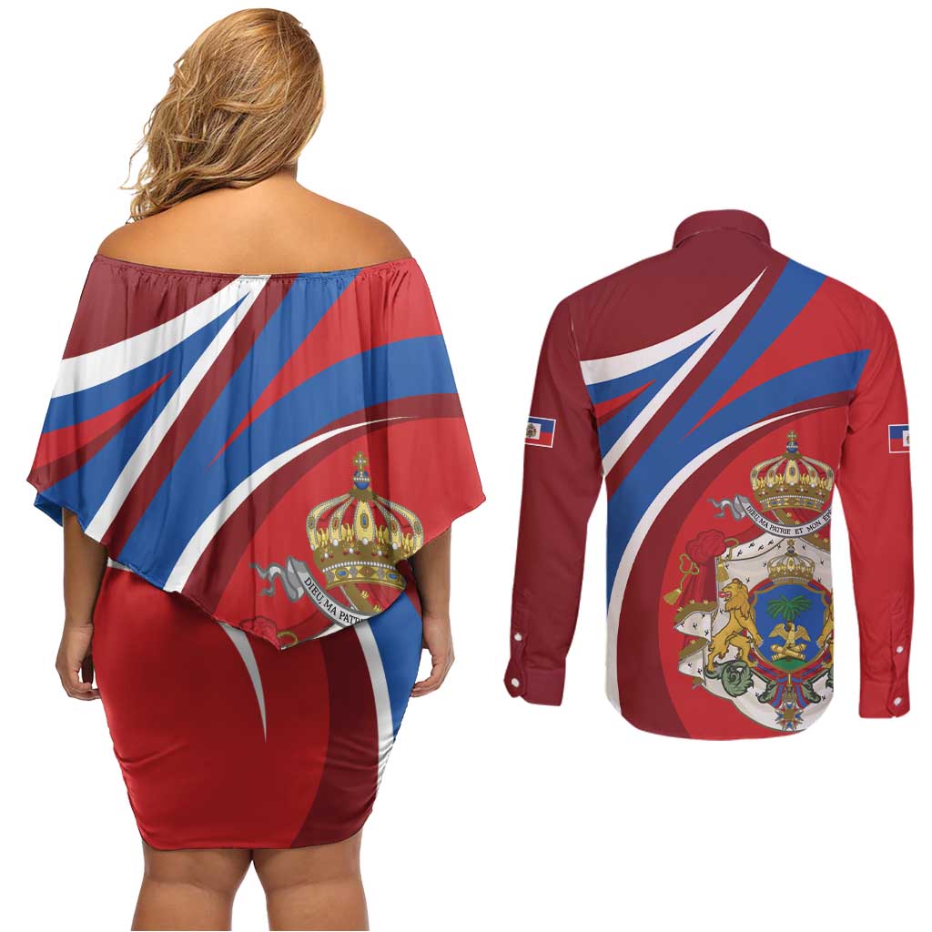 Second Empire of Haiti Personalized Couples Matching Off Shoulder Short Dress and Long Sleeve Button Shirt Imperial Flag of Haiti 1849-1859
