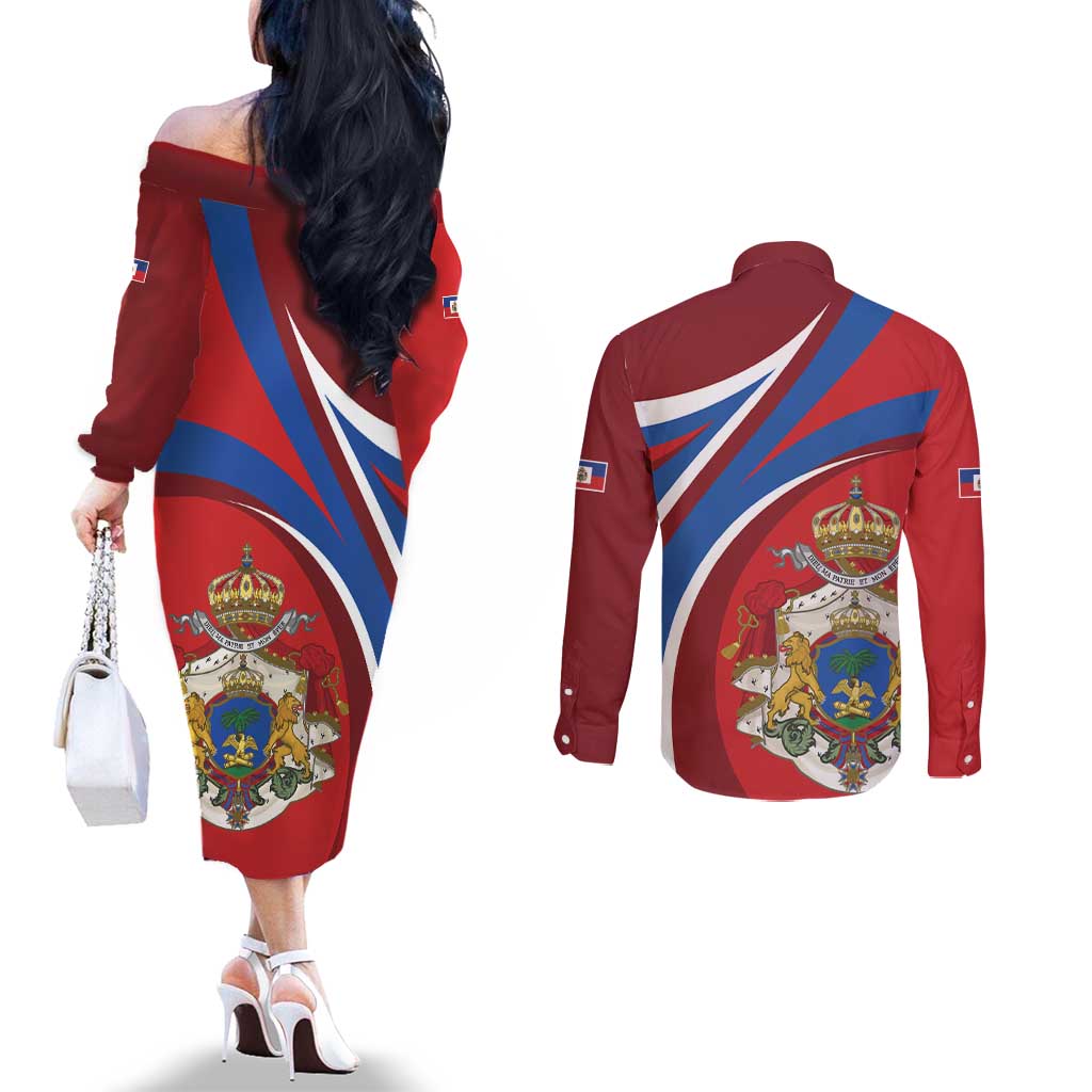 Second Empire of Haiti Personalized Couples Matching Off The Shoulder Long Sleeve Dress and Long Sleeve Button Shirt Imperial Flag of Haiti 1849-1859