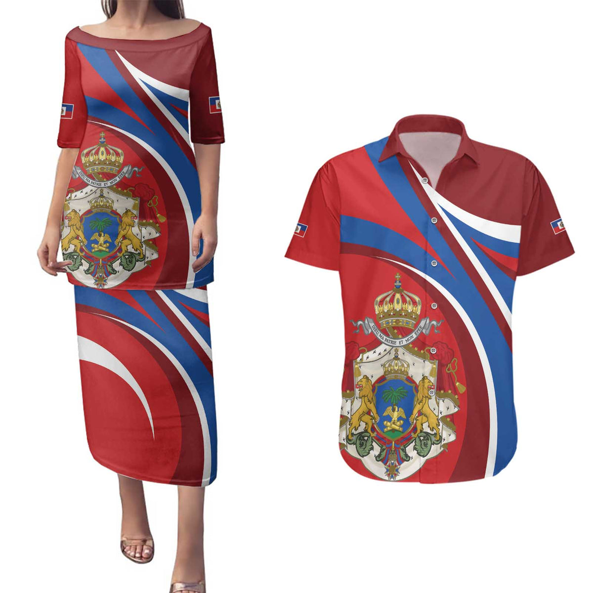 Second Empire of Haiti Personalized Couples Matching Puletasi and Hawaiian Shirt Imperial Flag of Haiti 1849-1859