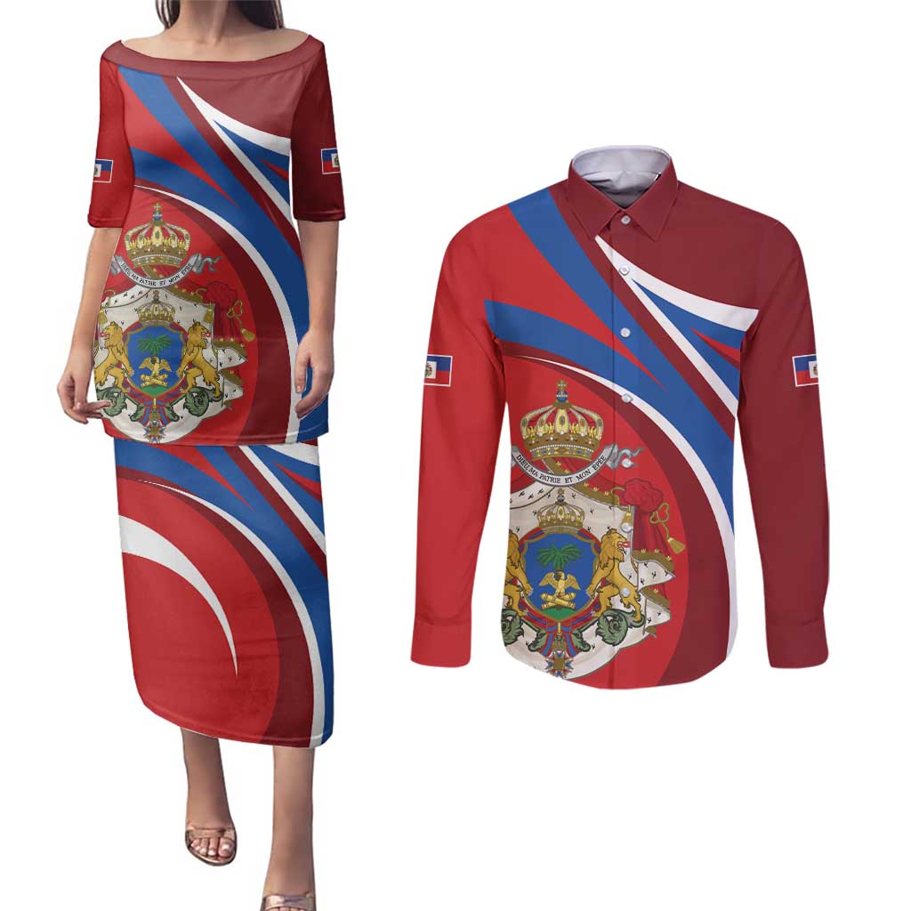 Second Empire of Haiti Personalized Couples Matching Puletasi and Long Sleeve Button Shirt Imperial Flag of Haiti 1849-1859