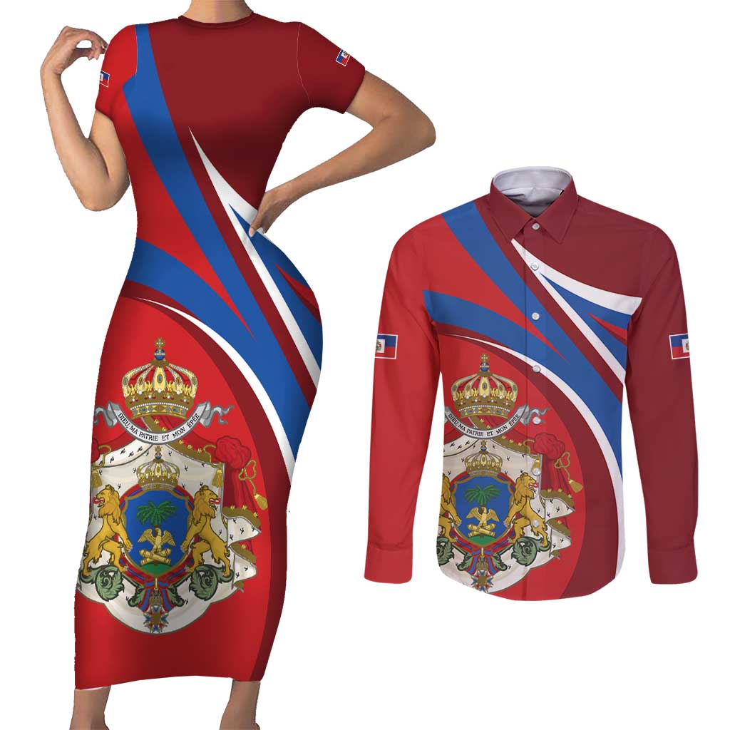 Second Empire of Haiti Personalized Couples Matching Short Sleeve Bodycon Dress and Long Sleeve Button Shirt Imperial Flag of Haiti 1849-1859