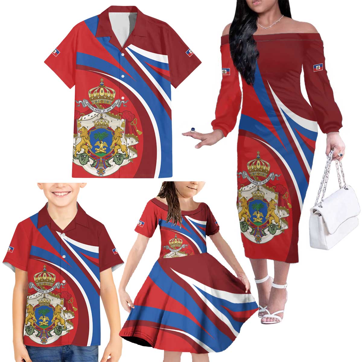 Second Empire of Haiti Personalized Family Matching Off The Shoulder Long Sleeve Dress and Hawaiian Shirt Imperial Flag of Haiti 1849-1859