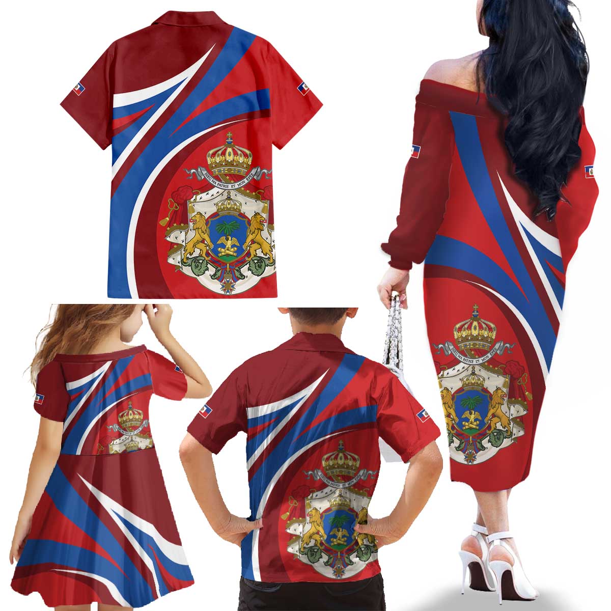Second Empire of Haiti Personalized Family Matching Off The Shoulder Long Sleeve Dress and Hawaiian Shirt Imperial Flag of Haiti 1849-1859