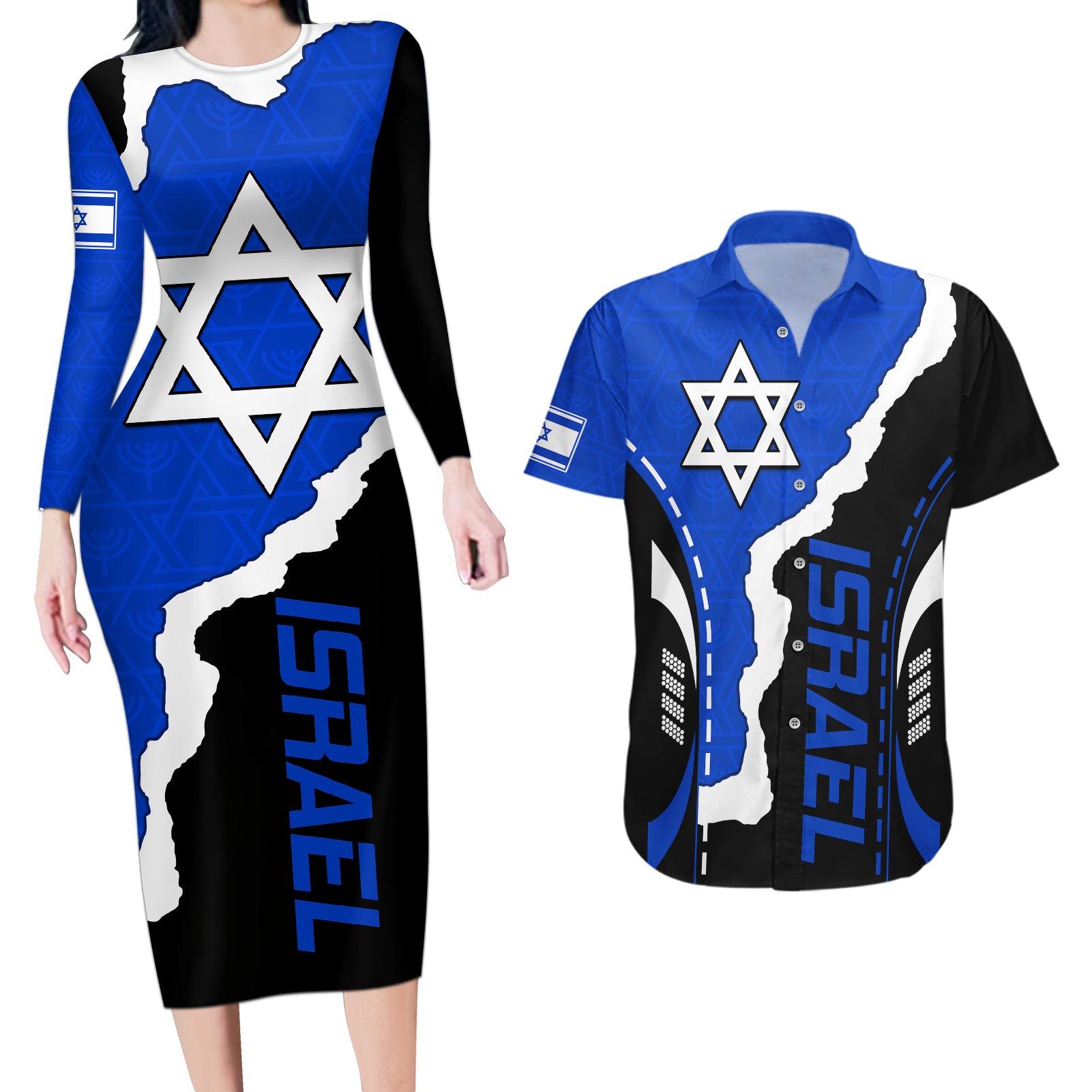israel-couples-matching-long-sleeve-bodycon-dress-and-hawaiian-shirt-stars-of-david-sporty-style