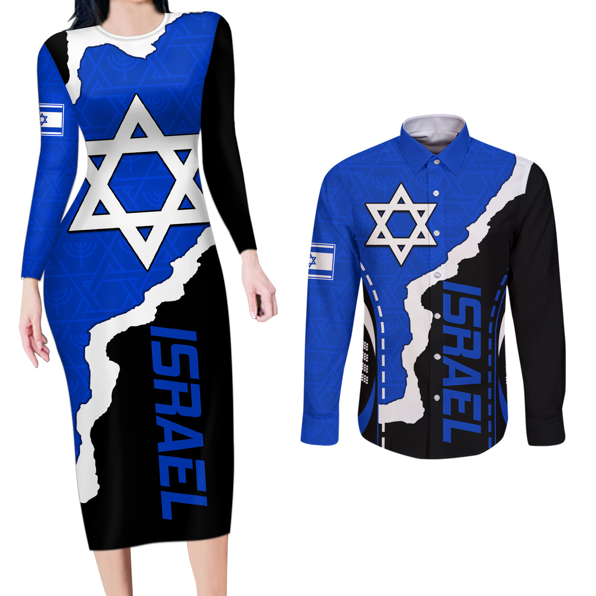 Israel Couples Matching Long Sleeve Bodycon Dress and Long Sleeve Button Shirts Stars of David Sporty Style LT9 - Wonder Print Shop