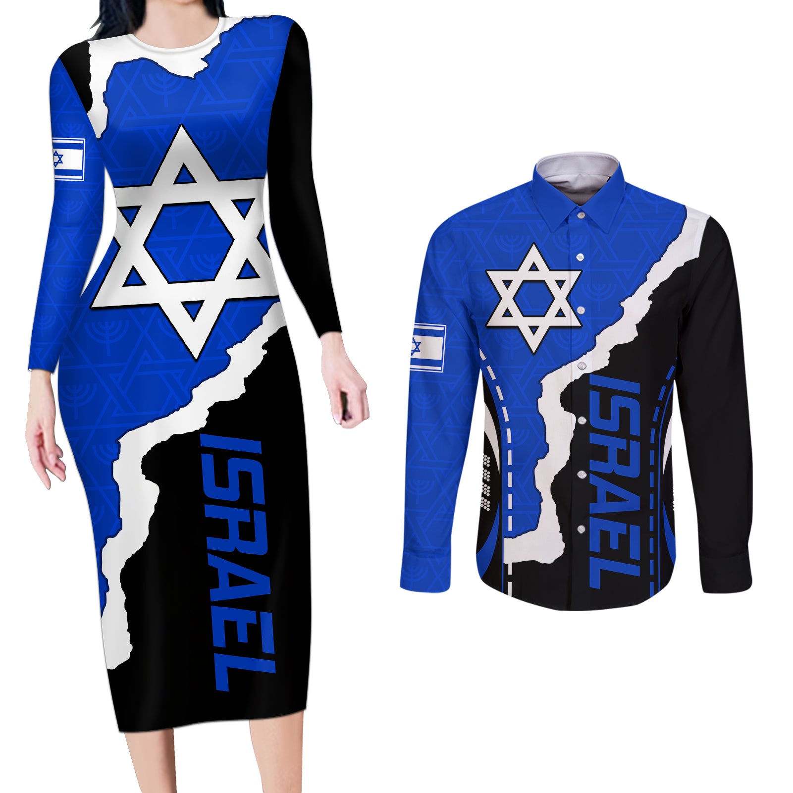 israel-couples-matching-long-sleeve-bodycon-dress-and-long-sleeve-button-shirts-stars-of-david-sporty-style