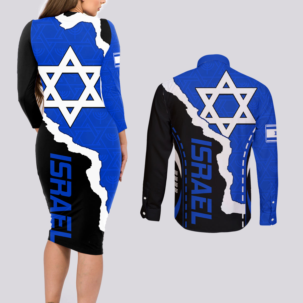 Israel Couples Matching Long Sleeve Bodycon Dress and Long Sleeve Button Shirts Stars of David Sporty Style LT9 - Wonder Print Shop