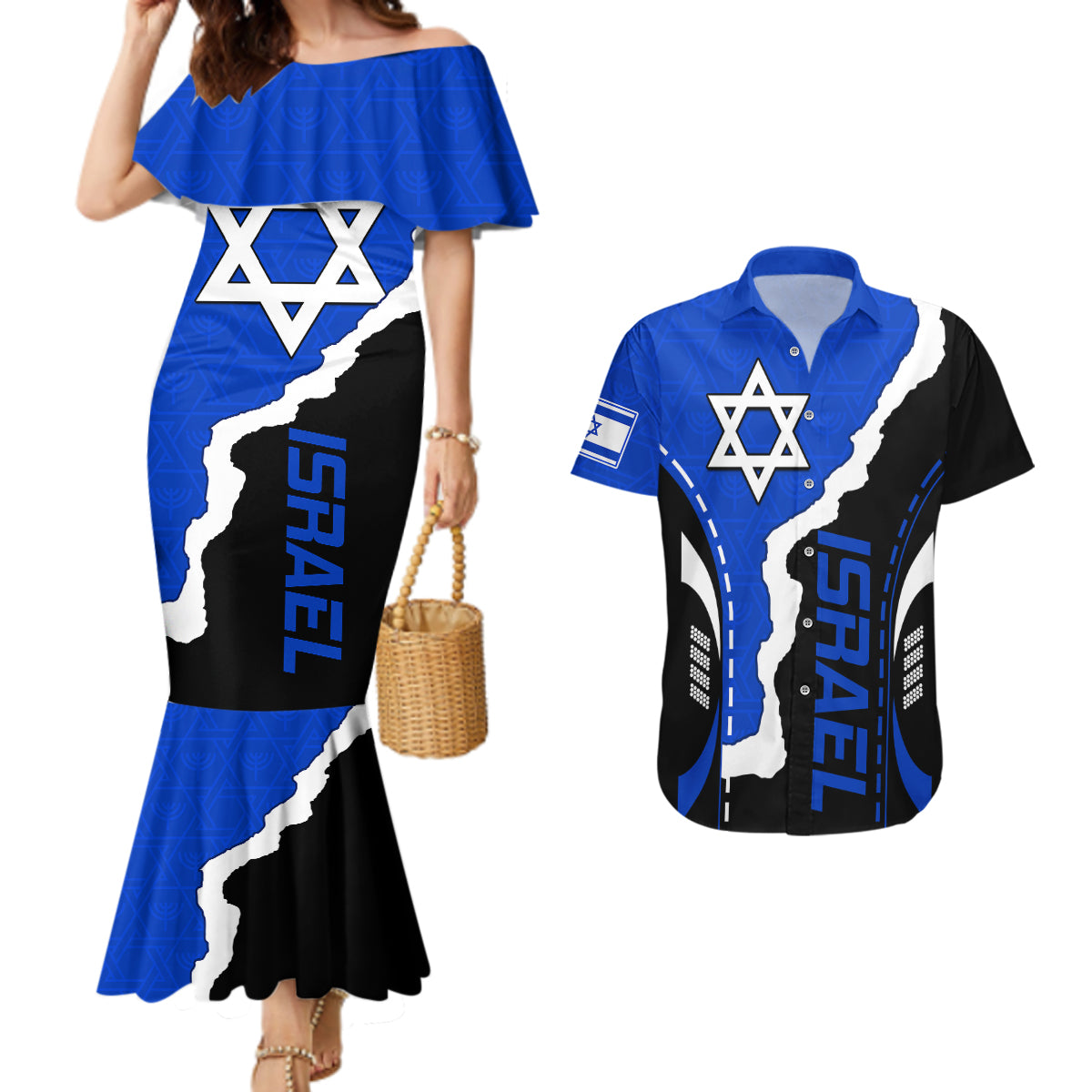 israel-couples-matching-mermaid-dress-and-hawaiian-shirt-stars-of-david-sporty-style