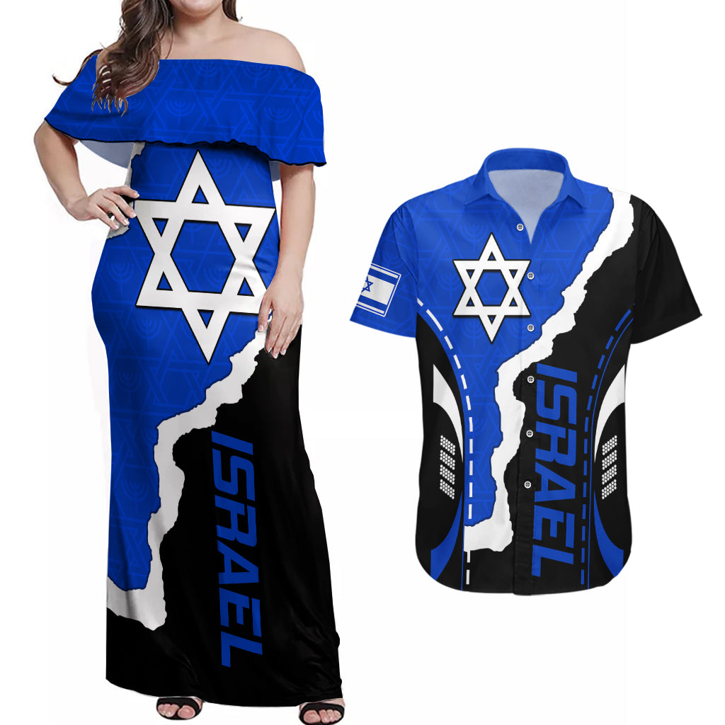 Israel Couples Matching Off Shoulder Maxi Dress and Hawaiian Shirt Stars of David Sporty Style LT9 - Wonder Print Shop