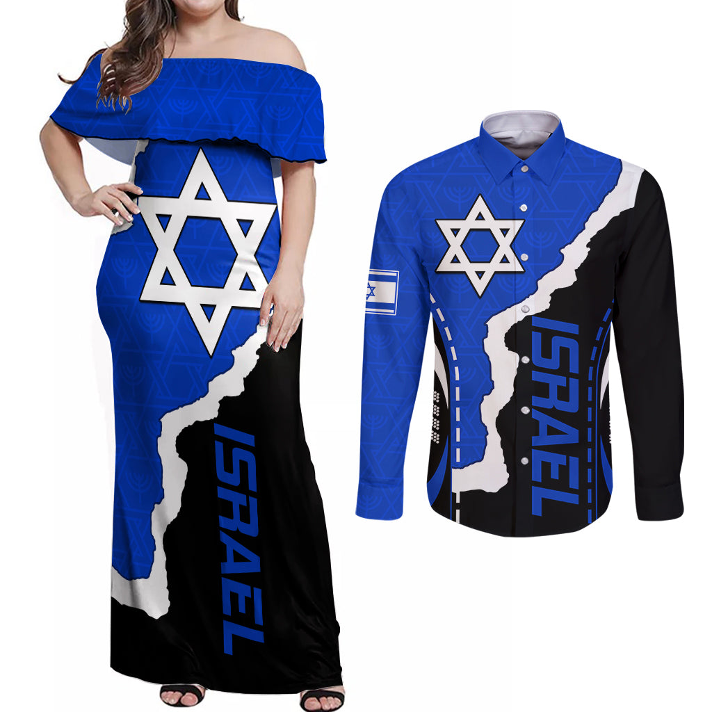 israel-couples-matching-off-shoulder-maxi-dress-and-long-sleeve-button-shirts-stars-of-david-sporty-style