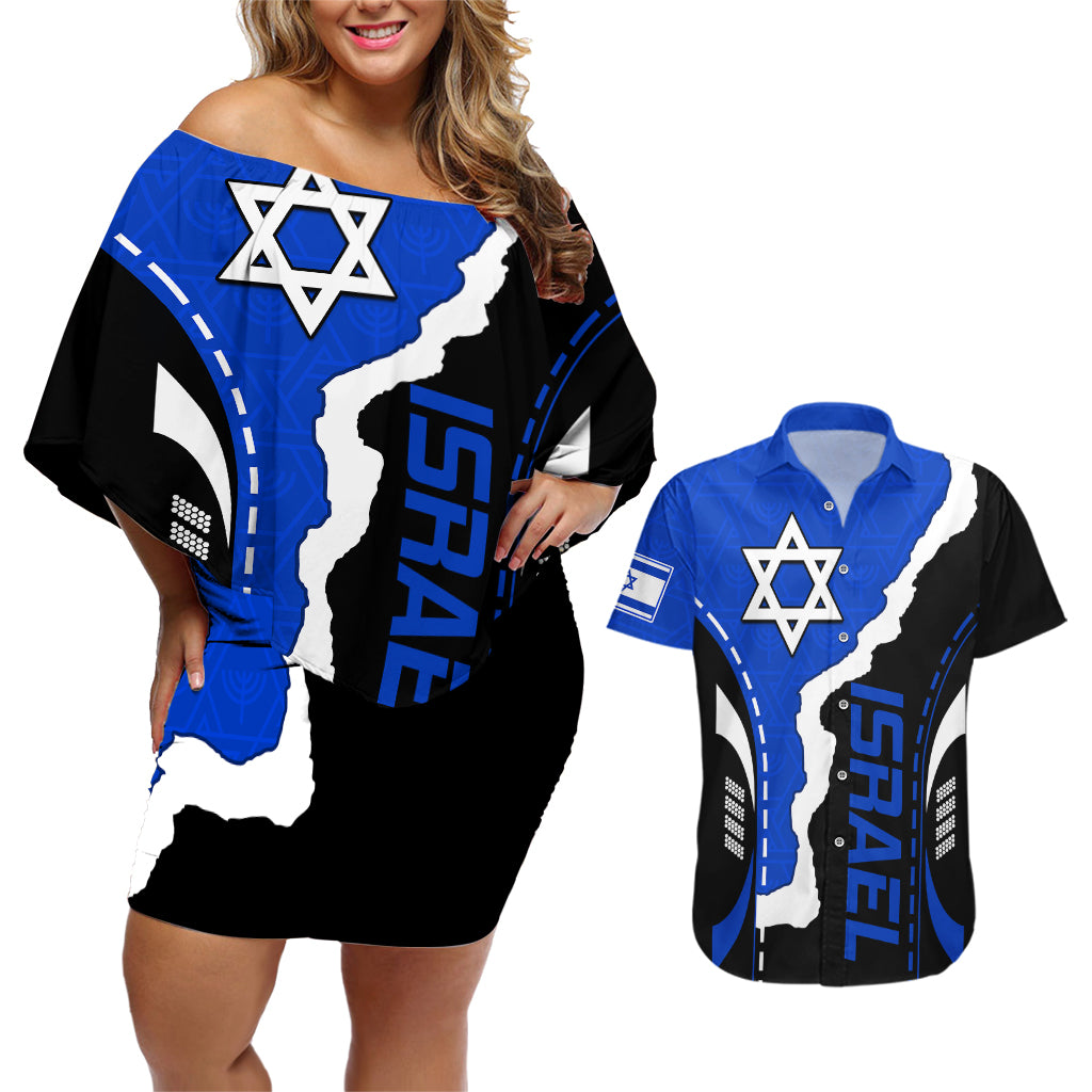 Israel Couples Matching Off Shoulder Short Dress and Hawaiian Shirt Stars of David Sporty Style LT9 - Wonder Print Shop