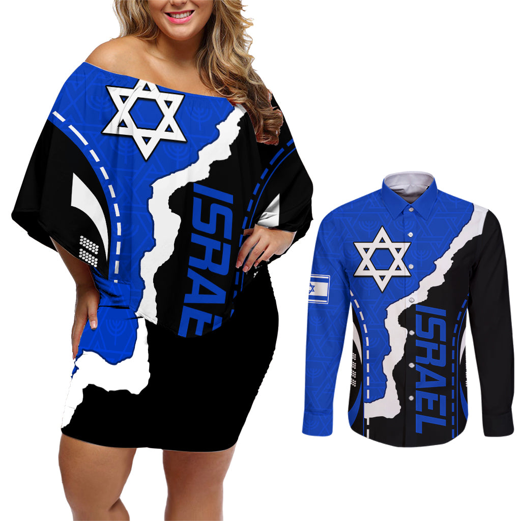 israel-couples-matching-off-shoulder-short-dress-and-long-sleeve-button-shirts-stars-of-david-sporty-style