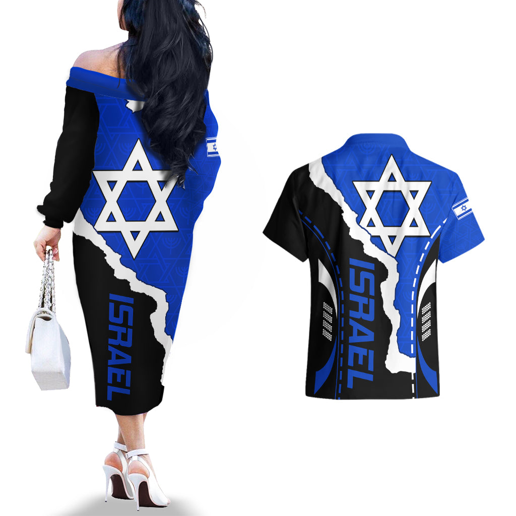 Israel Couples Matching Off The Shoulder Long Sleeve Dress and Hawaiian Shirt Stars of David Sporty Style LT9 - Wonder Print Shop