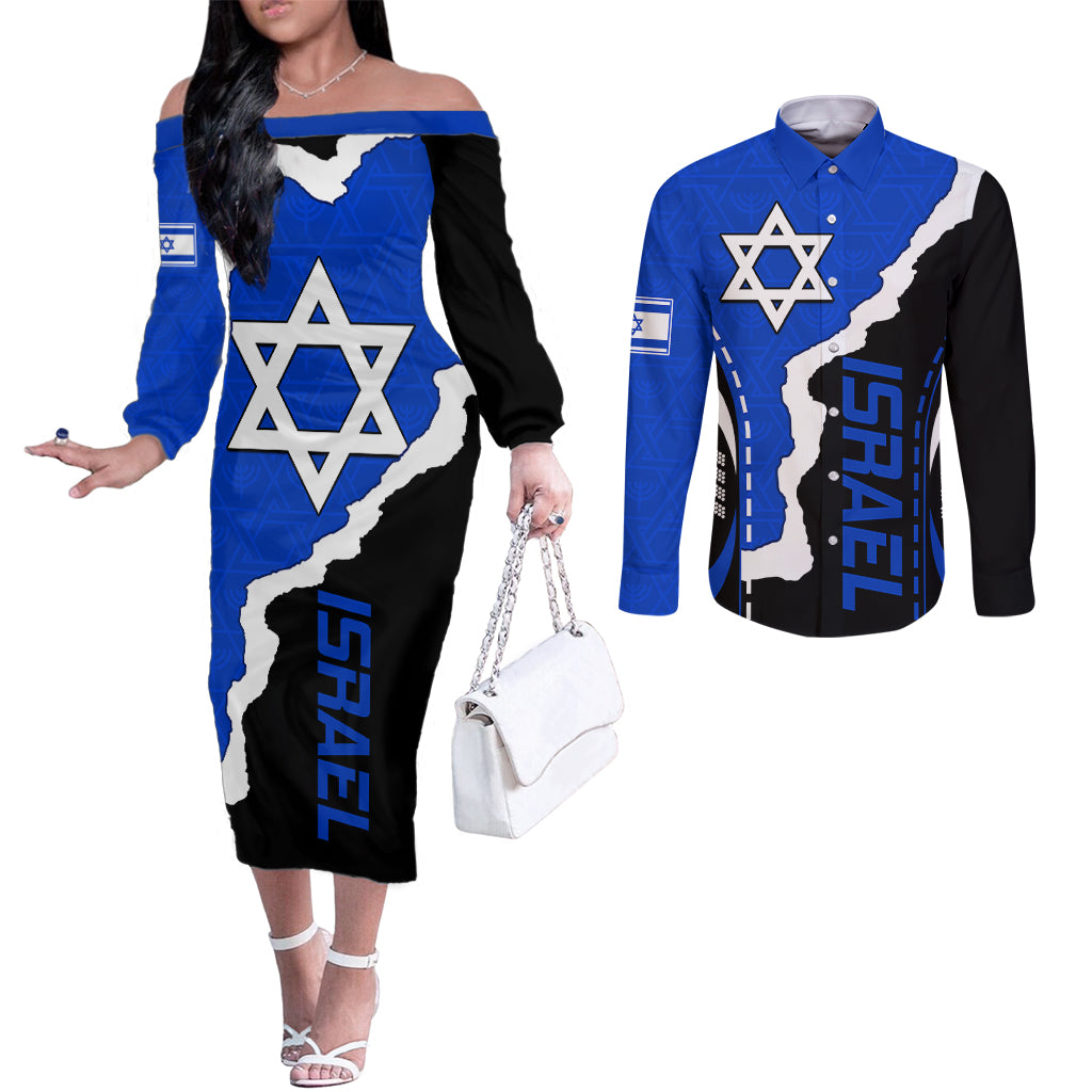 israel-couples-matching-off-the-shoulder-long-sleeve-dress-and-long-sleeve-button-shirts-stars-of-david-sporty-style