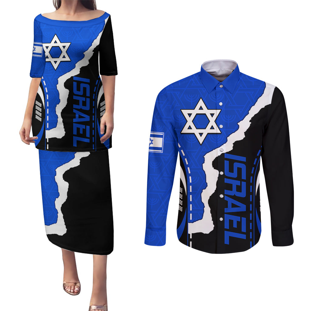 israel-couples-matching-puletasi-dress-and-long-sleeve-button-shirts-stars-of-david-sporty-style