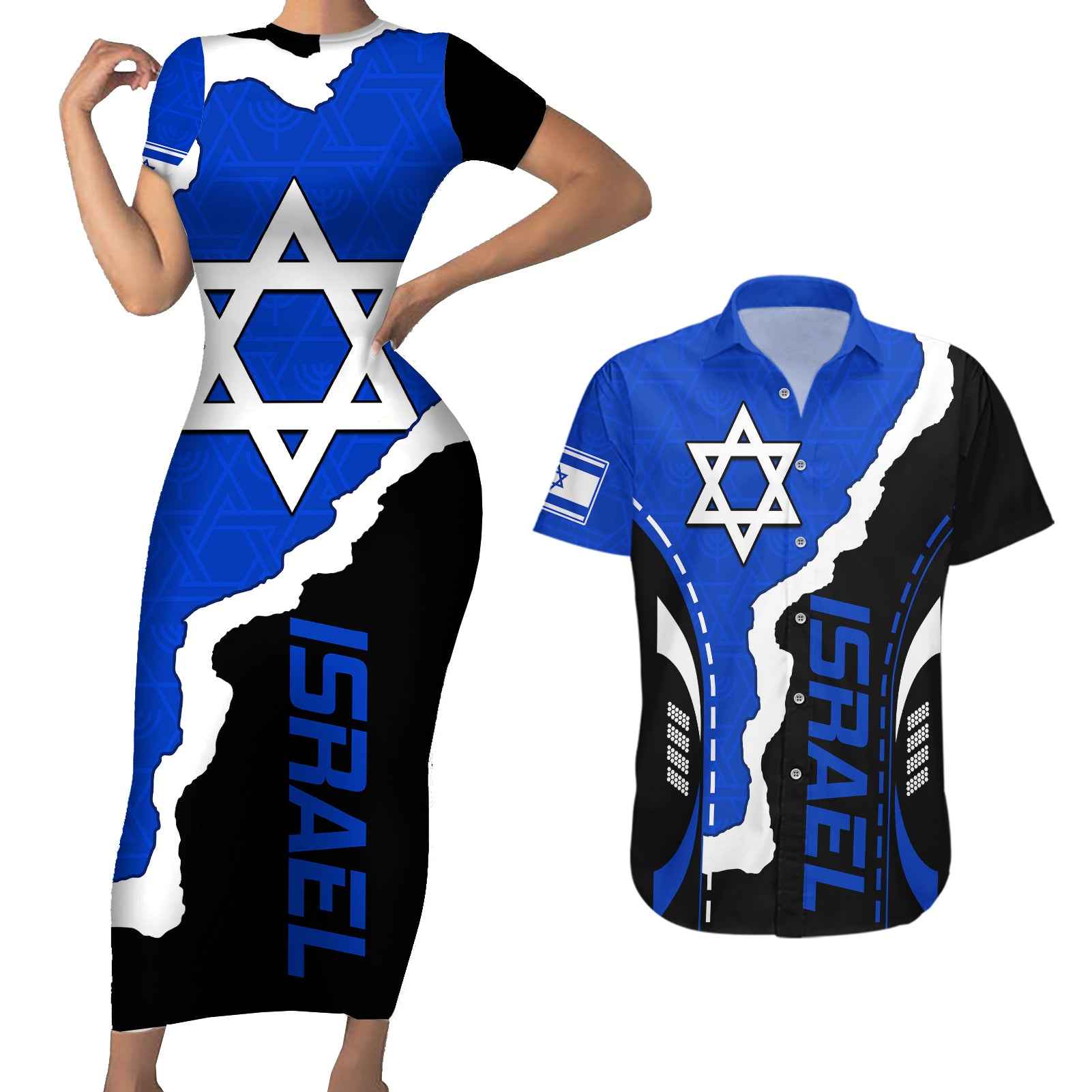 israel-couples-matching-short-sleeve-bodycon-dress-and-hawaiian-shirt-stars-of-david-sporty-style