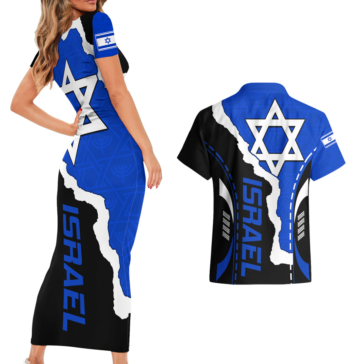 Israel Couples Matching Short Sleeve Bodycon Dress and Hawaiian Shirt Stars of David Sporty Style LT9 - Wonder Print Shop