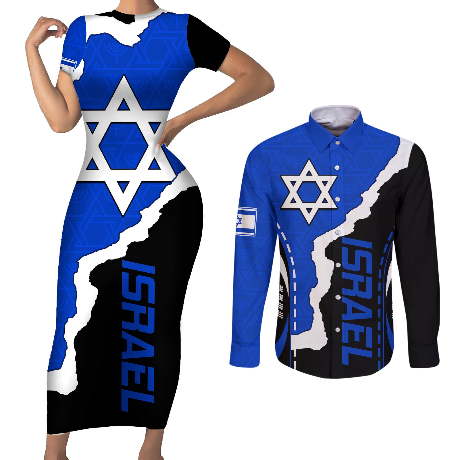 israel-couples-matching-short-sleeve-bodycon-dress-and-long-sleeve-button-shirts-stars-of-david-sporty-style