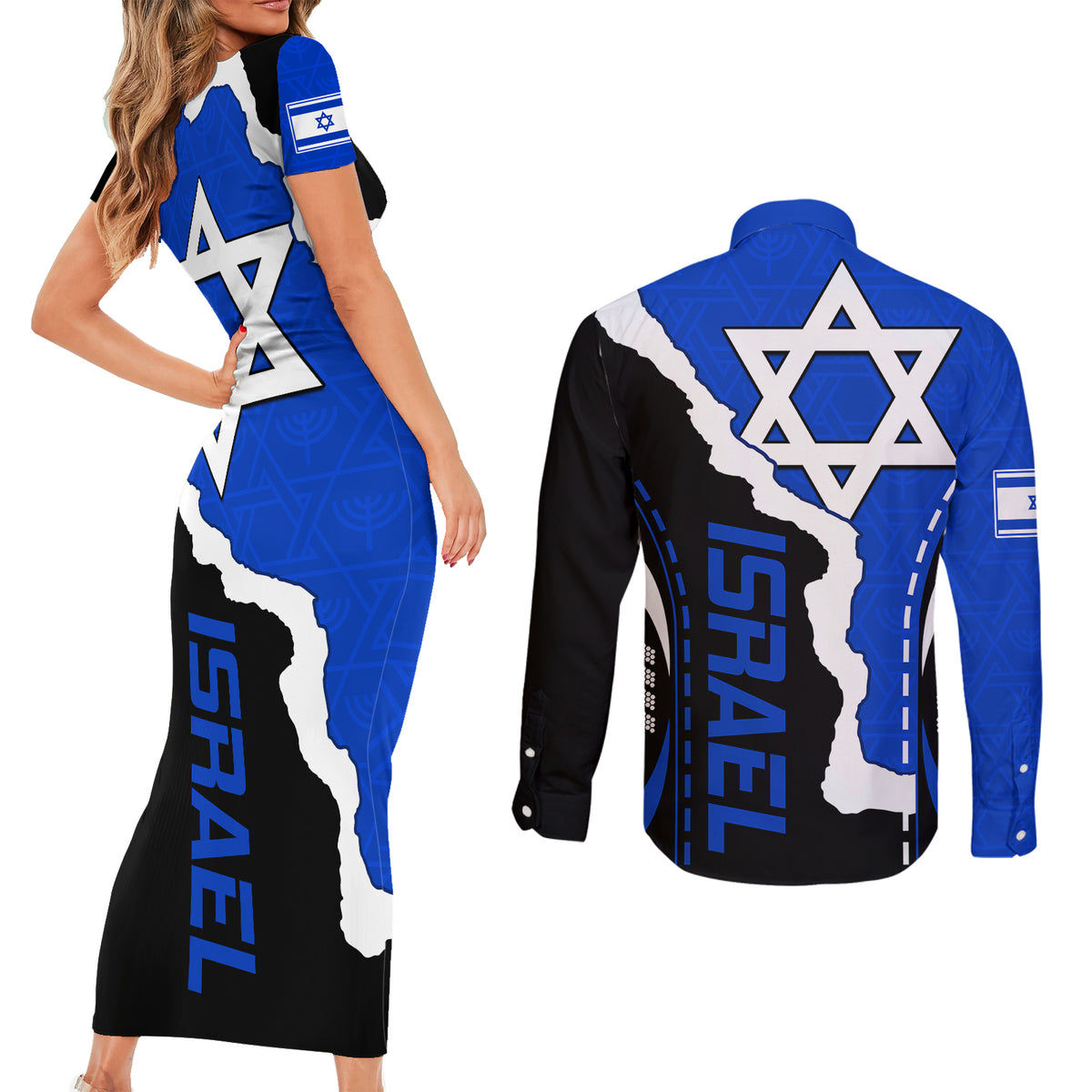 Israel Couples Matching Short Sleeve Bodycon Dress and Long Sleeve Button Shirts Stars of David Sporty Style LT9 - Wonder Print Shop