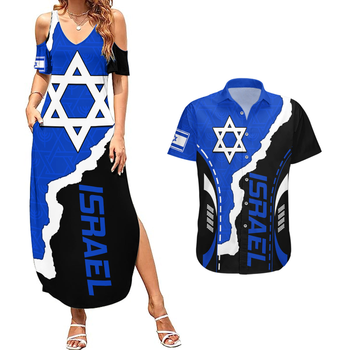 Israel Couples Matching Summer Maxi Dress and Hawaiian Shirt Stars of David Sporty Style LT9 - Wonder Print Shop