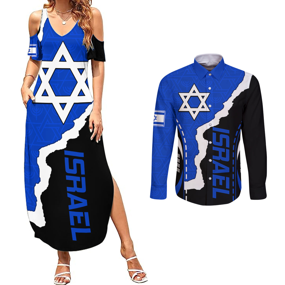 Israel Couples Matching Summer Maxi Dress and Long Sleeve Button Shirts Stars of David Sporty Style LT9 - Wonder Print Shop