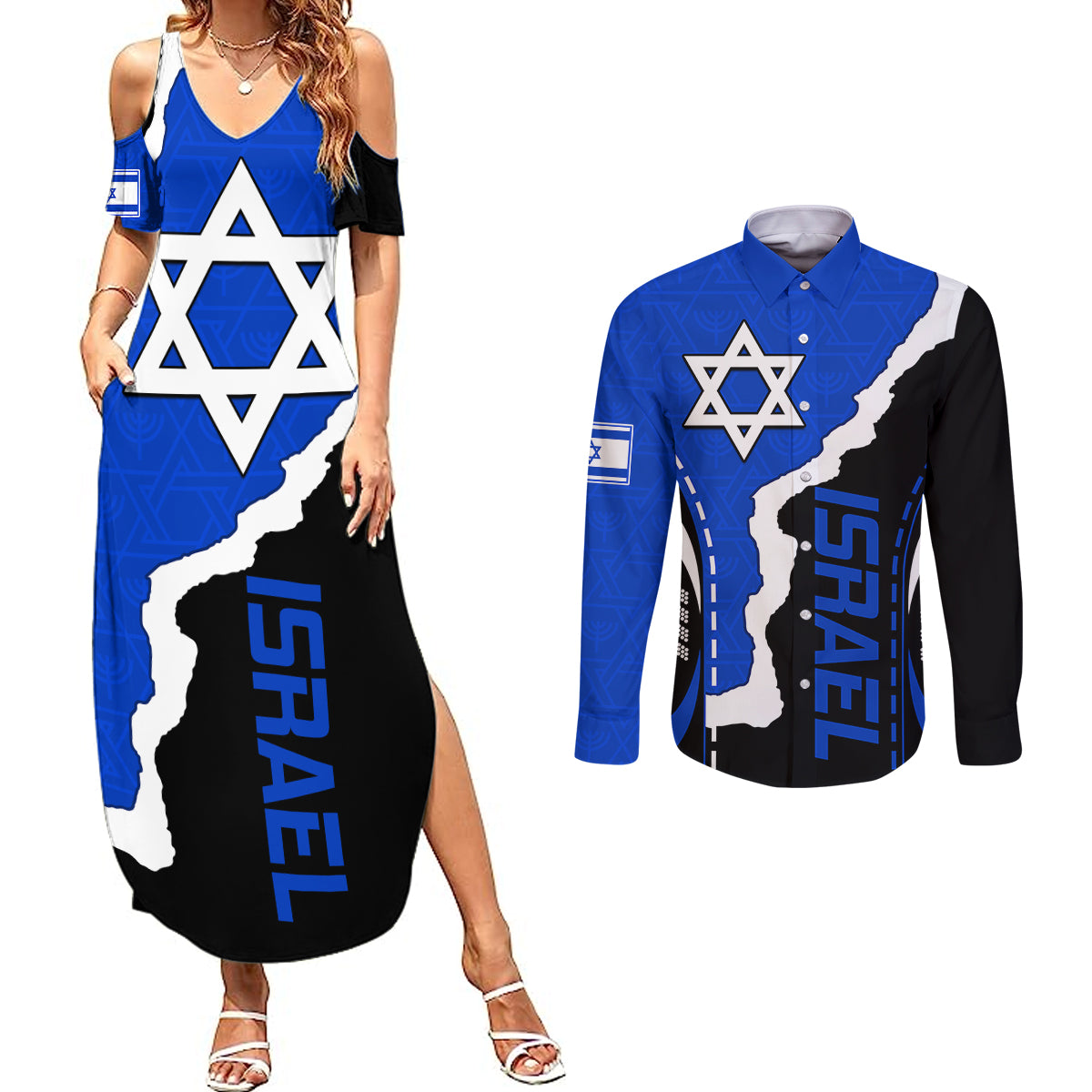 israel-couples-matching-summer-maxi-dress-and-long-sleeve-button-shirts-stars-of-david-sporty-style