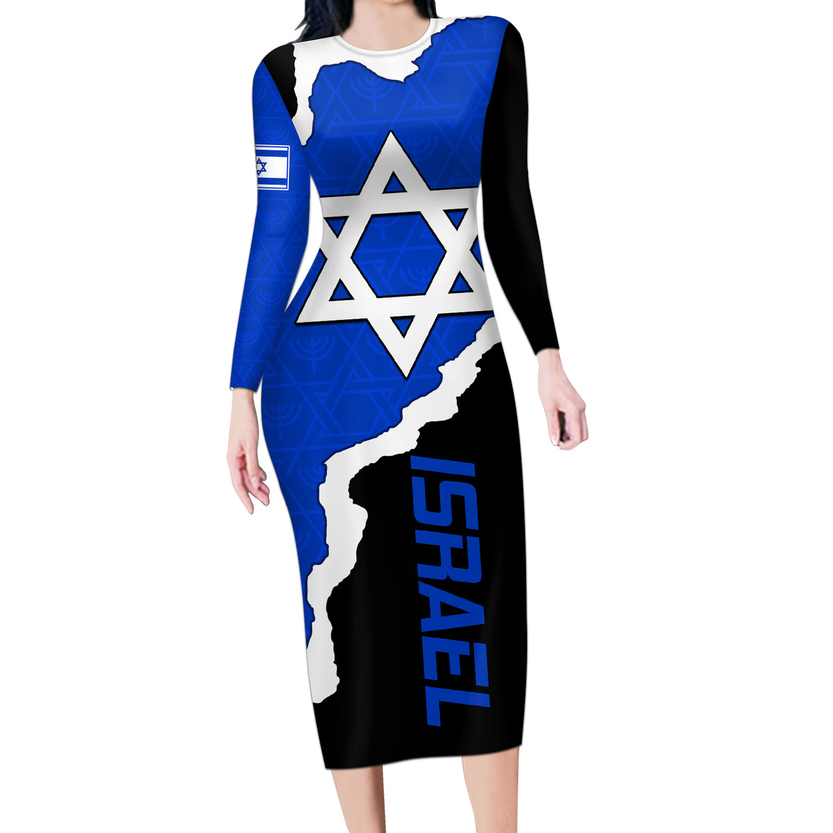 Israel Long Sleeve Bodycon Dress Stars of David Sporty Style - Wonder Print Shop
