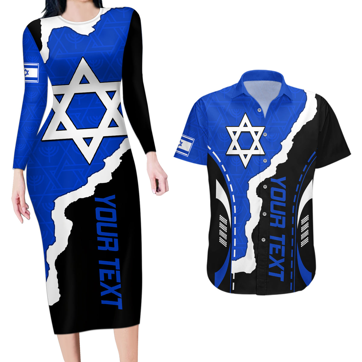 Custom Israel Couples Matching Long Sleeve Bodycon Dress and Hawaiian Shirt Stars of David Sporty Style LT9 - Wonder Print Shop