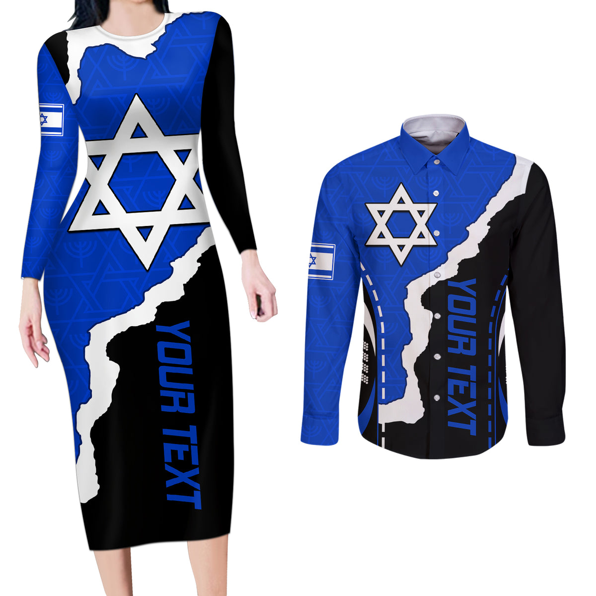 Custom Israel Couples Matching Long Sleeve Bodycon Dress and Long Sleeve Button Shirts Stars of David Sporty Style LT9 - Wonder Print Shop