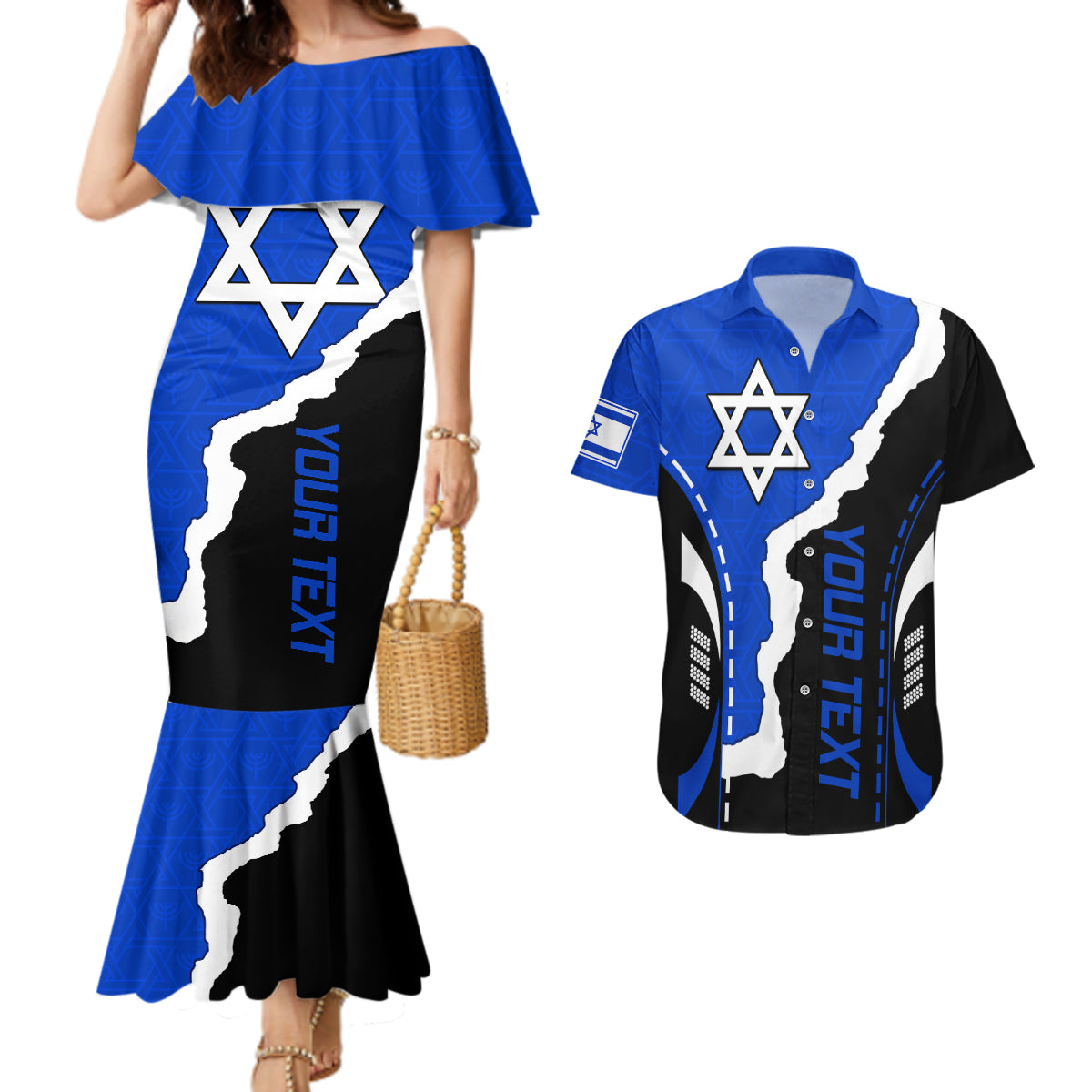 Custom Israel Couples Matching Mermaid Dress And Hawaiian Shirt Stars of David Sporty Style LT9 - Wonder Print Shop