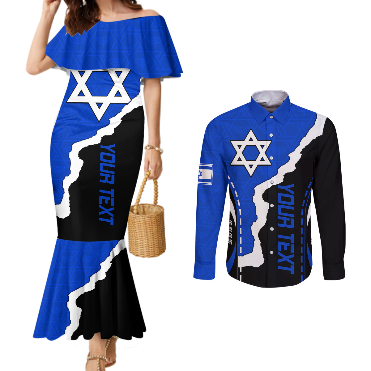custom-israel-couples-matching-mermaid-dress-and-long-sleeve-button-shirts-stars-of-david-sporty-style