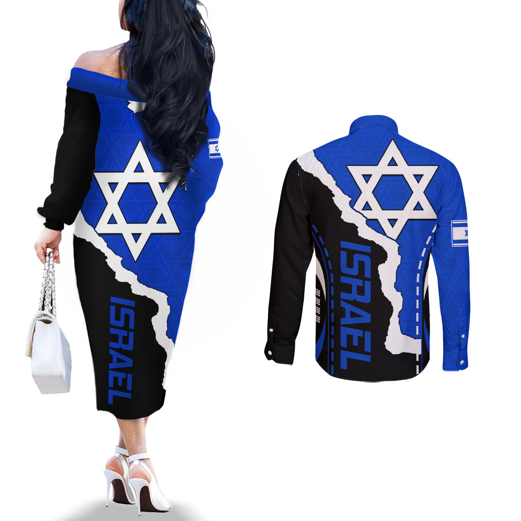 custom-israel-couples-matching-off-the-shoulder-long-sleeve-dress-and-long-sleeve-button-shirts-stars-of-david-sporty-style
