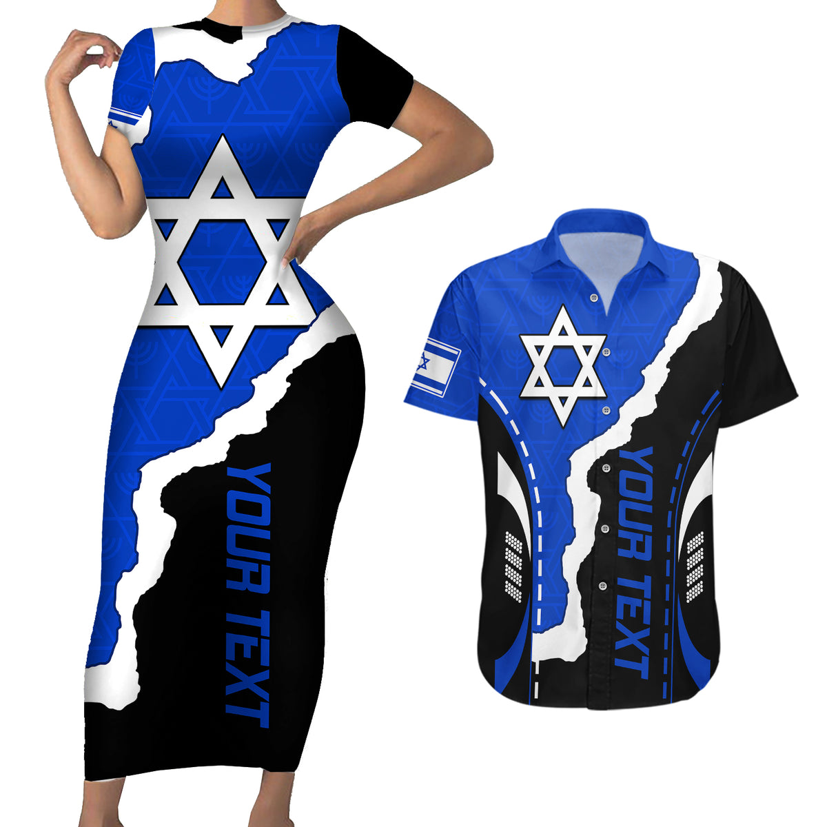 Custom Israel Couples Matching Short Sleeve Bodycon Dress and Hawaiian Shirt Stars of David Sporty Style LT9 - Wonder Print Shop