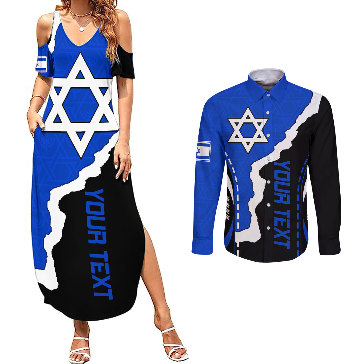 Custom Israel Couples Matching Summer Maxi Dress and Long Sleeve Button Shirts Stars of David Sporty Style LT9 - Wonder Print Shop